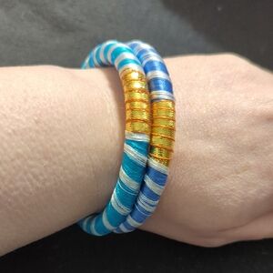 Gold Tone Blue and White Silk Thread Wrapped Bangle Statement Bracelets Set of 2